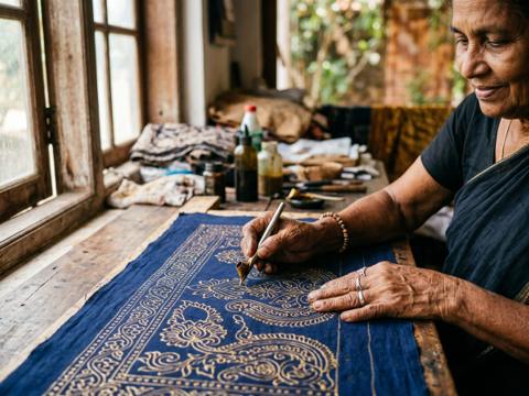 A Sri Lankan artisan hand-painting an intricate batik textile