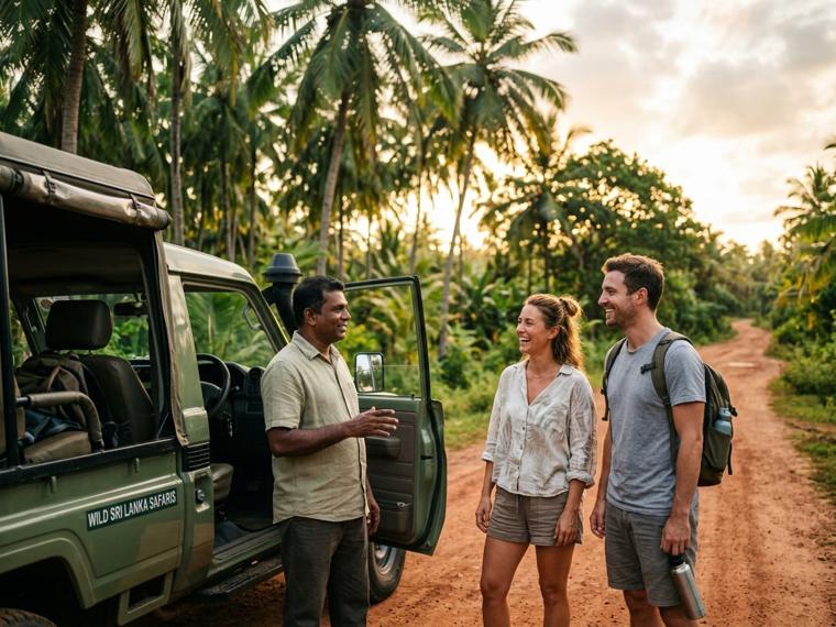 A Sri Lankan guide talking with travellers beside a safari jeep on a palm-lined road