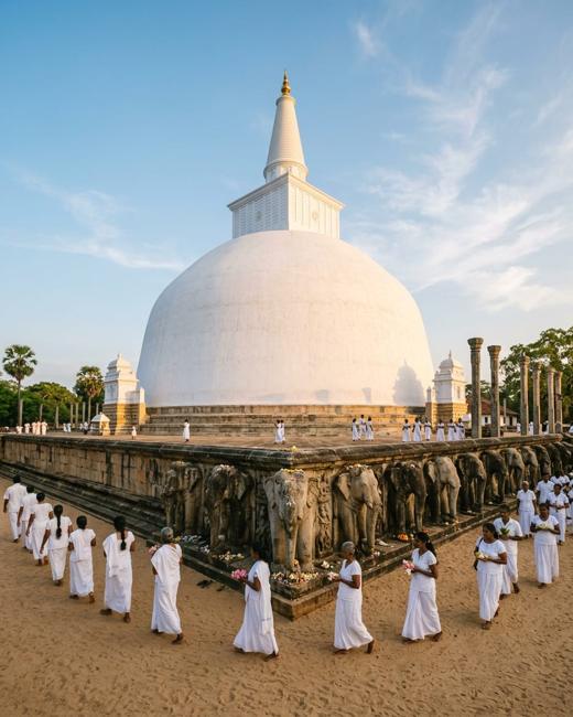 A great white dagoba stupa at Anuradhapura with pilgrims in white robes