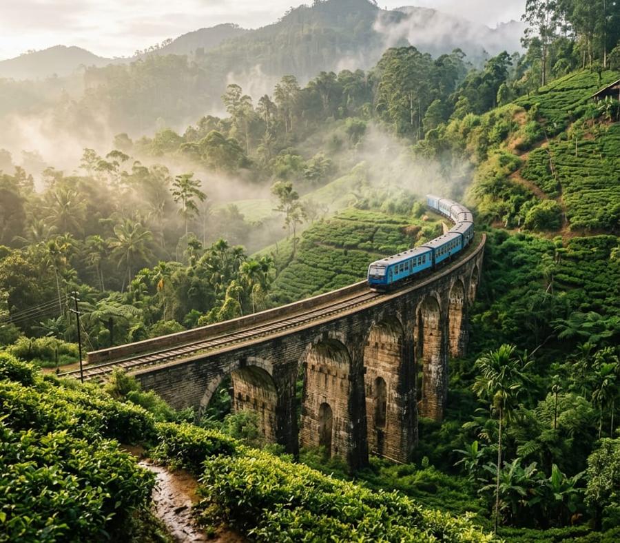 The Nine Arch Bridge near Ella surrounded by jungle and tea slopes in morning mist