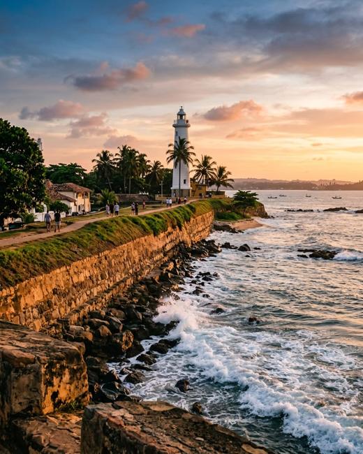 The colonial rampart walls and white lighthouse of Galle Fort at sunset