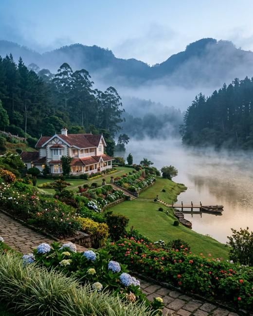 A misty highland lake and colonial tea bungalow near Nuwara Eliya