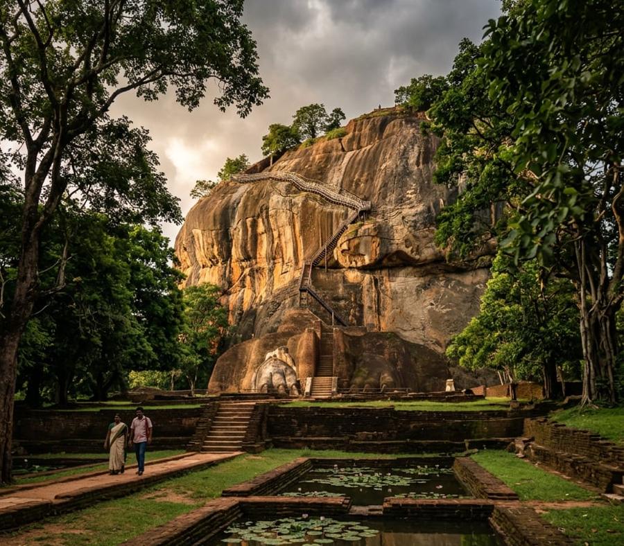 Sigiriya Lion Rock fortress rising above the water gardens under dramatic clouds