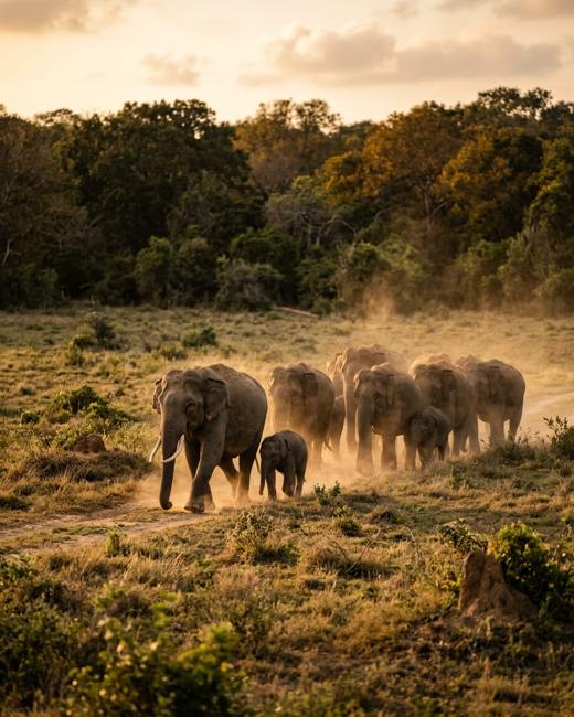 A herd of wild Sri Lankan elephants crossing open grassland at golden hour