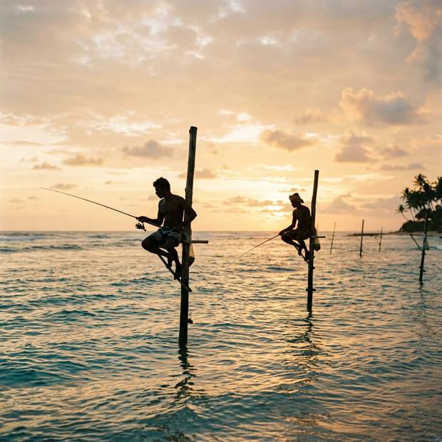 Traditional Sri Lankan stilt fishermen on wooden poles in shallow turquoise ocean at sunset