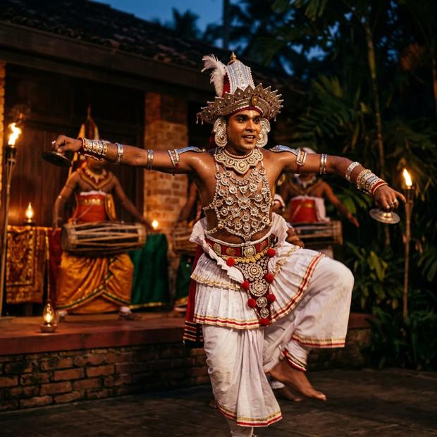 A Kandyan dancer in ornate traditional Sri Lankan costume performing in warm torchlight