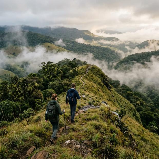 Hikers on a grass ridge path through cloud forest and montane grassland at Horton Plains