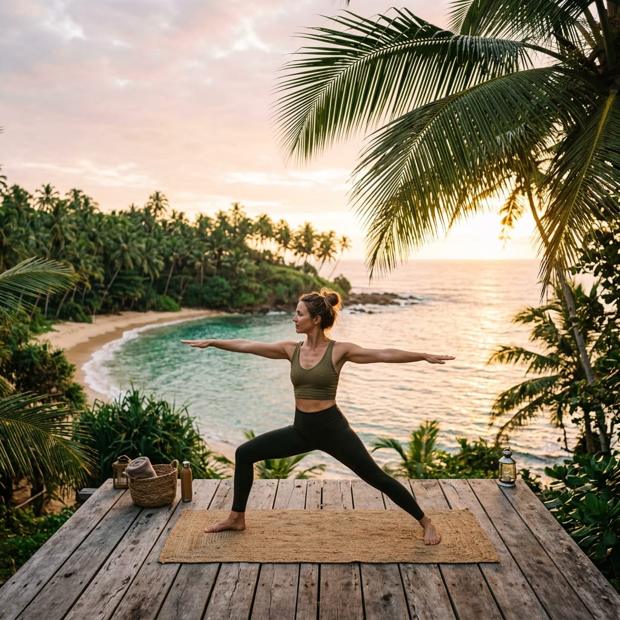 A woman practising yoga at sunrise on a wooden deck overlooking a tropical Sri Lankan cove