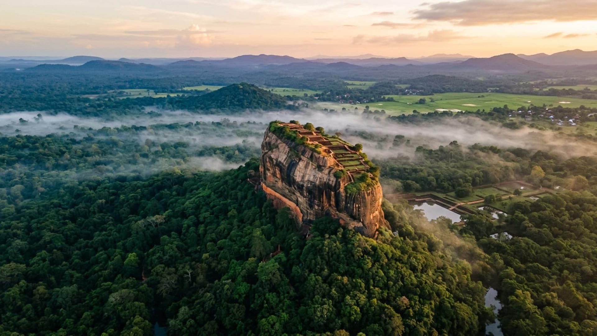 Sigiriya Lion Rock rising out of misty jungle at sunrise in Sri Lanka