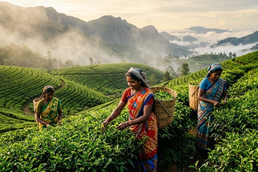 Tea pluckers working among terraced tea bushes in the Sri Lankan highlands